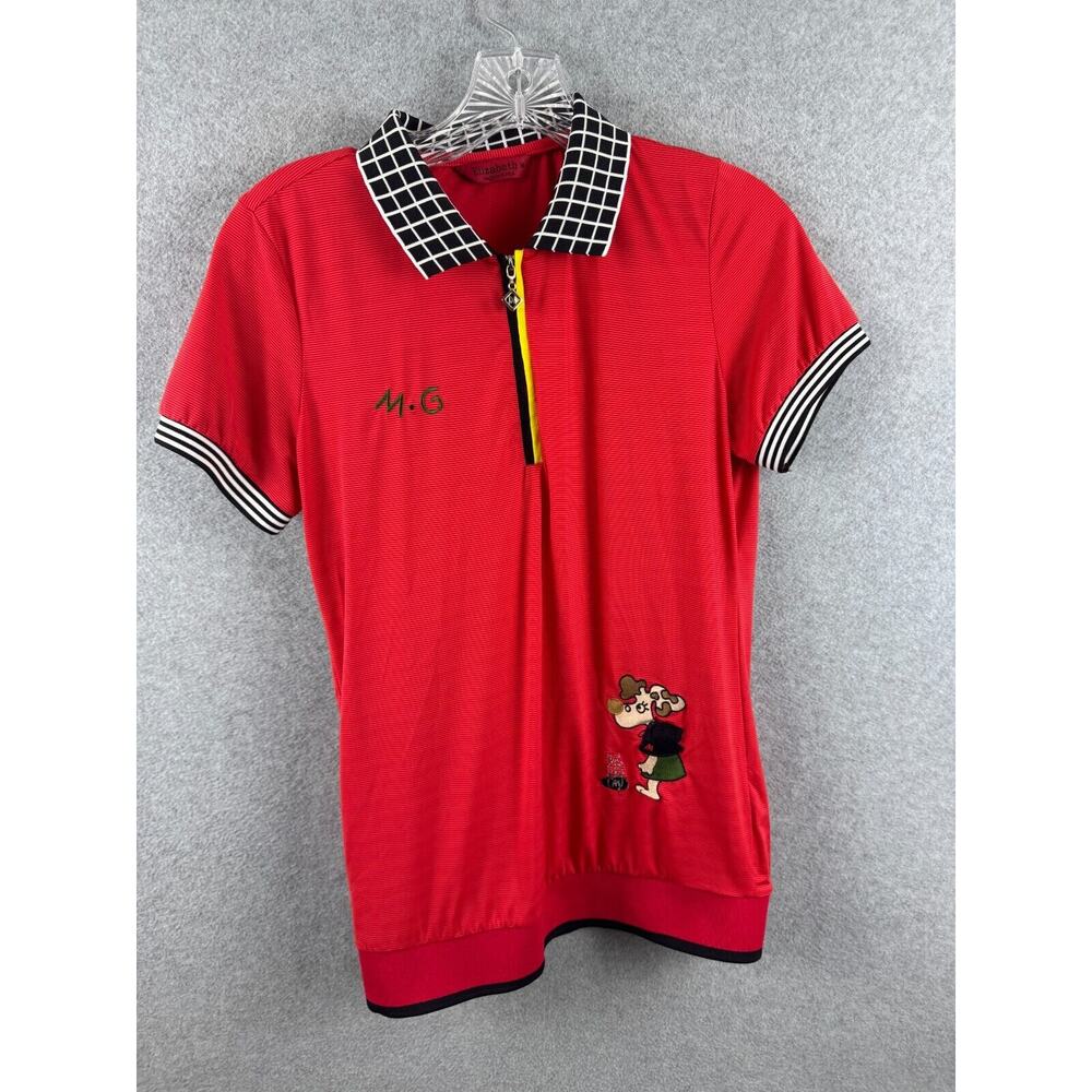 Elizabeth M Shirt Women's Size M Red Short Sleeve Polo 1/4‎ Zip Contrast Trim